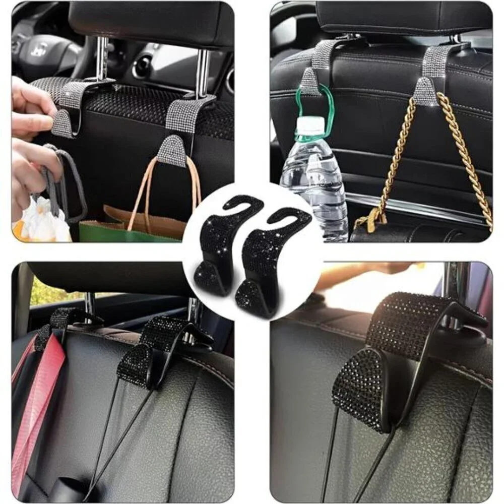 Bling Car Seat Hooks Black (2 Pack) Bling Rhinestones Crystal Hanger Organizer